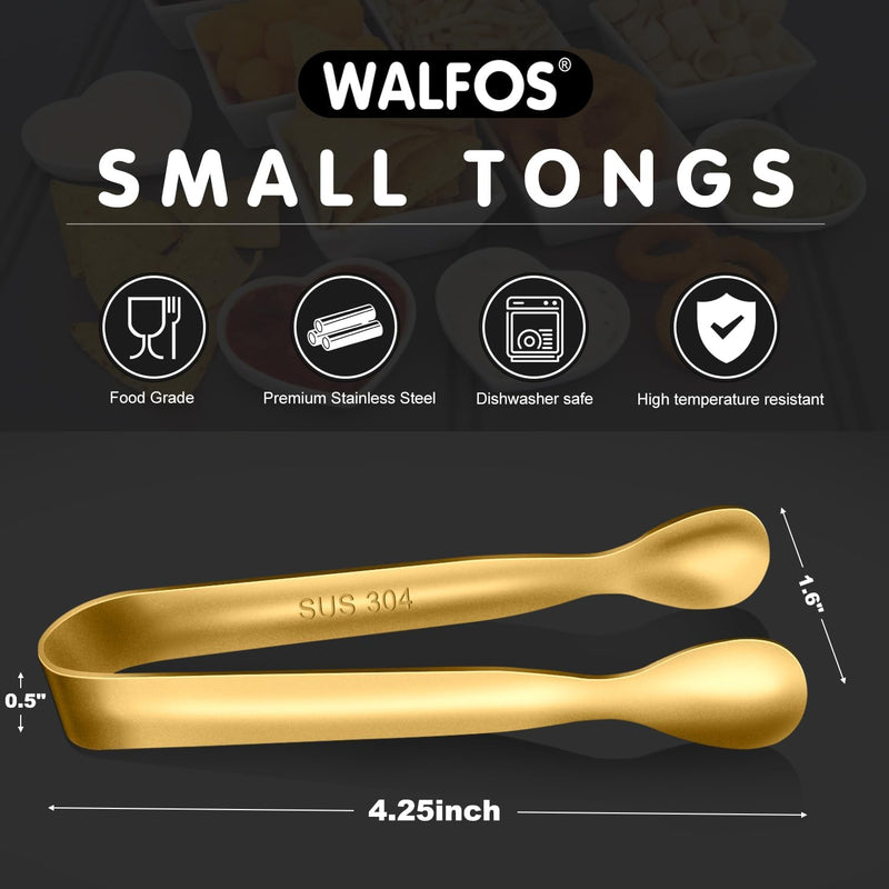 Walfos Small Gold Tongs For Serving,Food Grade Stainless Steel 4" Mini Tongs Appetizers for Parties Catering, Sugar，Desserts，Tea Party, Coffee Bar, Set of 12 （Gold）