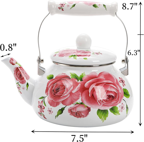 Hiceeden 2.5L Enamel Tea Pot for Stovetop, Pink Vintage Tea Kettle with Floral Pattern, Delicate Cute Steel Water Kettle Pot with Porcelain Handle