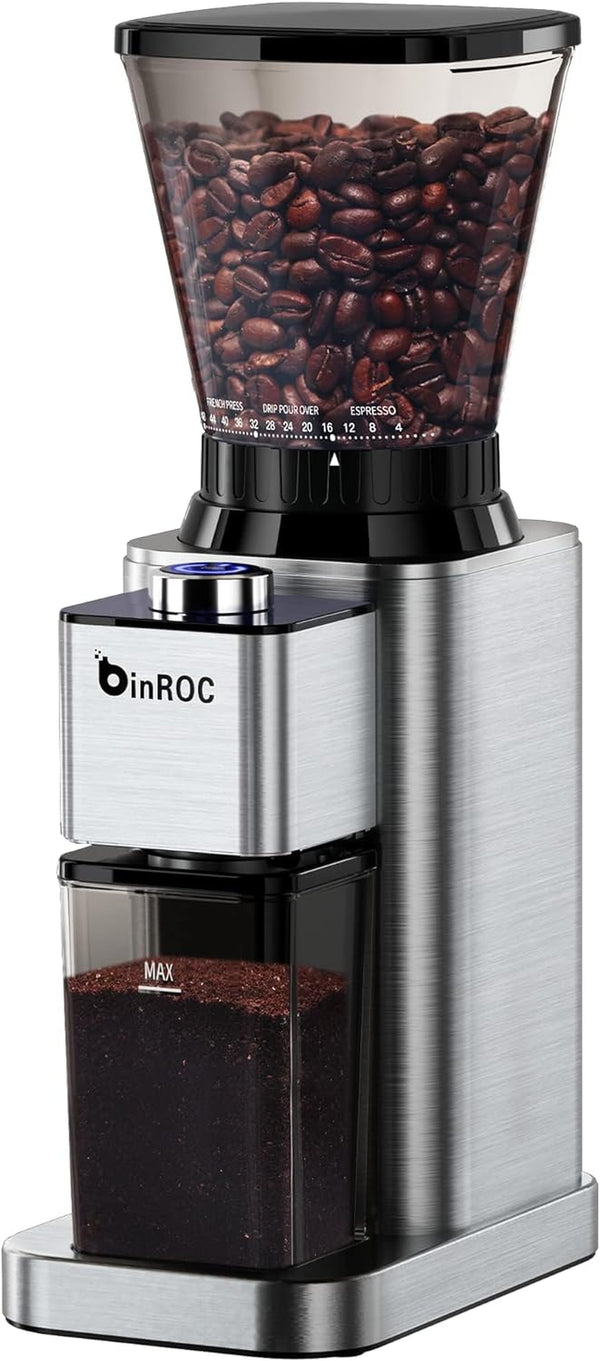 binROC Conical Burr Coffee Grinder with 48 Grind Settings, Anti-static Adjustable Electric Coffee Bean Grinder for 2-12 Cups (Premium Stainless Steel)