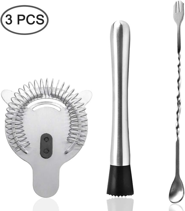 SENHAI Stainless Steel Cocktail Muddler, Spiral Mixing Spoon & 4-Prong Bar Strainer, Home Bar Bartender's Muddling Tool Set