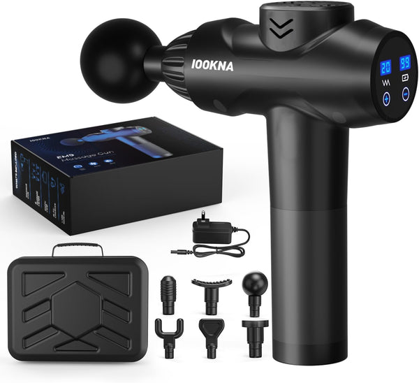 IOOKNA Massage Gun, 24V High Intensity Deep Tissue Massager for Pain Relief, Handheld Back Massager with LED Display - 20 Adjustable Speeds and 6 Massage Heads with Carring Case, Gifts for Men