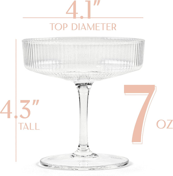 Vintage Art Deco Coupe Glasses | Set of 4 | 7 oz Classic Cocktail Glassware for Champagne, Martini, Manhattan, Cosmopolitan, Sidecar | Crystal Speakeasy Style Saucer Goblets with Stems