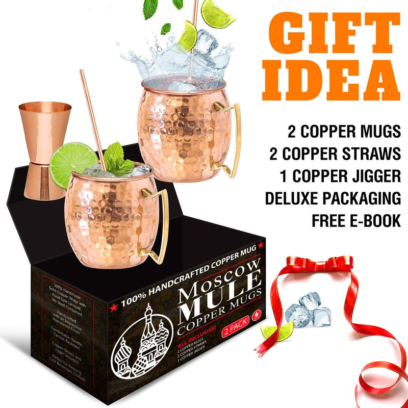 Benicci Moscow Mule Copper Mugs - Set of 2, 100% HANDCRAFTED - Food Safe Pure Solid Copper Mugs - 16 oz Gift Set with Premium Quality Cocktail Copper Straws, Straw Cleaning Brush and Jigger!