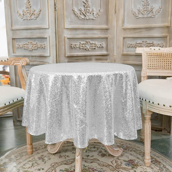 Sparkly Silver Sequin Round Tablecloth - Beautiful Table Linens for Weddings Parties and Showers