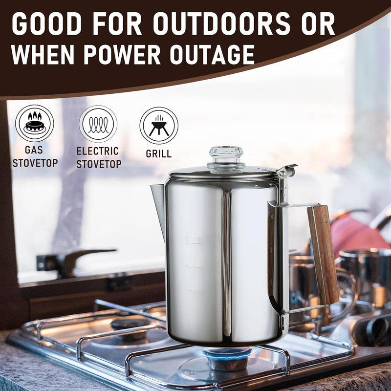 MEREZA Camping Coffee Pot Stovetop Coffee Maker Percolator Campfire Coffee Pot Stainless Steel Coffee Pot Camping Outdoors Home 9 Cup No Aluminum & Plastic Fast Brew