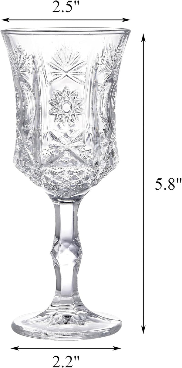 Elsjoy Set of 6 Embossed Cordial Glass, 3.5 Oz Clear Goblet Glassware Tasting Glasses Vintage Stemware Shot Glasses for Alcohol Drinking, Wedding, Party, Bar