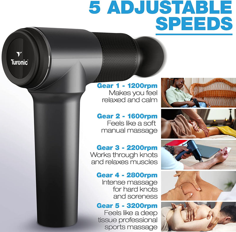 Turonic GM5 Massage Gun - Deep Tissue Massager for Muscle Relax & Pain Relief (Foot, Back, Neck, Shoulder, Leg, Calf) - 5 Speeds, 7 Massage Heads - Quiet Electric Handheld Percussion Massage Gun