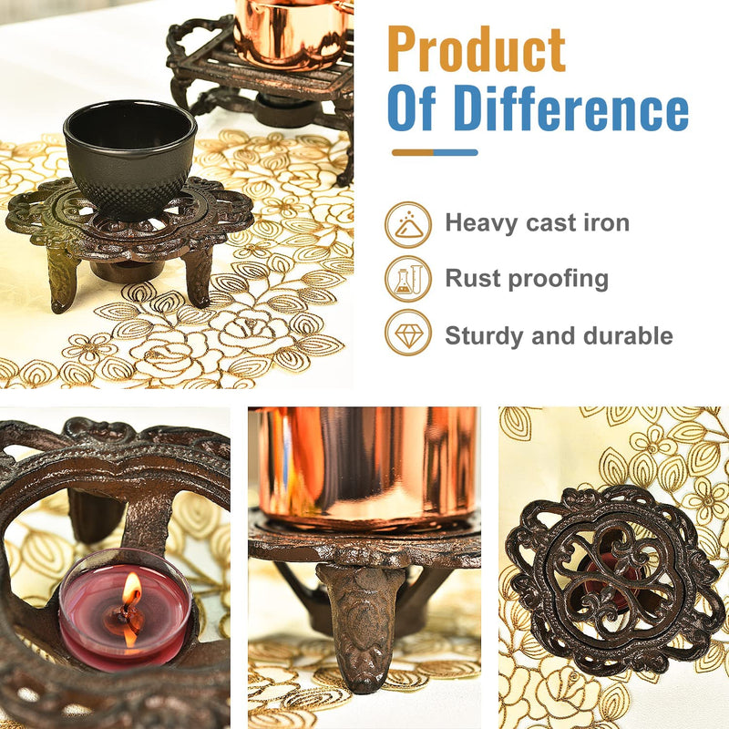 Sungmor Cast Iron Teapot Warmer Dish Cups Heater Pot Trivet - Rustic & Graceful Pattern Design with Tealight Holder - Heavy Duty & Decorative Candle Holder Stands for Heat Food Coffee Milk or Tea