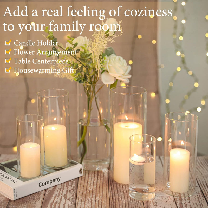 Glass Hurricane Candle Holder Set of 6 Glass Cylinder Vases for Centerpieces, Glass Candle Holders for Pillar Candles, Floating Candles, Clear Glass Vases for Flowers for Wedding Party Festival Decor