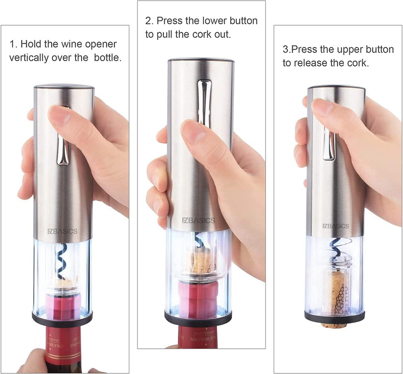 EZBASICS Electric Wine Opener, Automatic Wine Bottle Opener Set with Foil Cutter Vacuum Stopper and Wine Aerator Pourer for Wine Lovers Gift Home Kitchen Party Bar Wedding Rechargeable, Silver