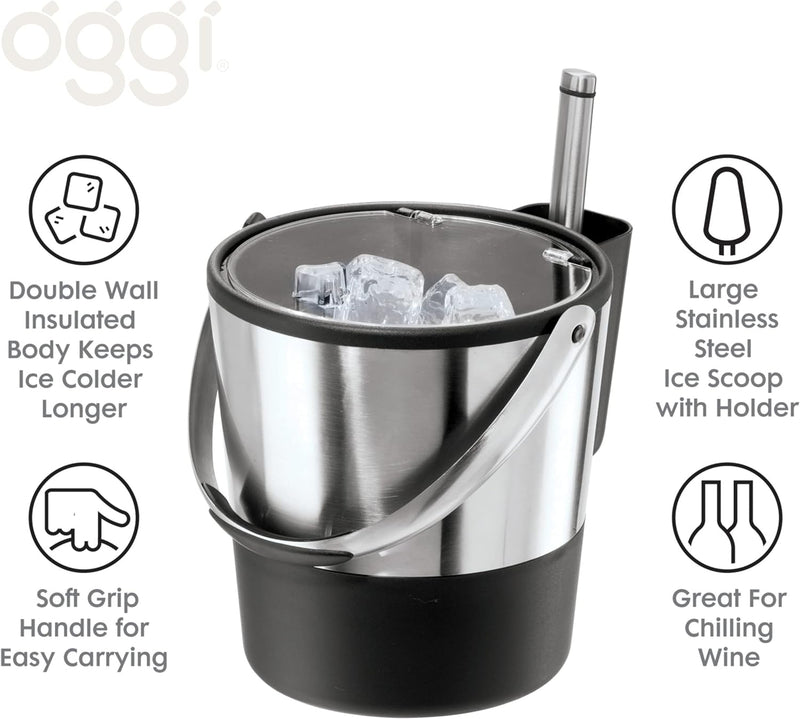 Oggi Insulated Ice Bucket, 4 Quart / 3.8 L, Stainless Steel, Black