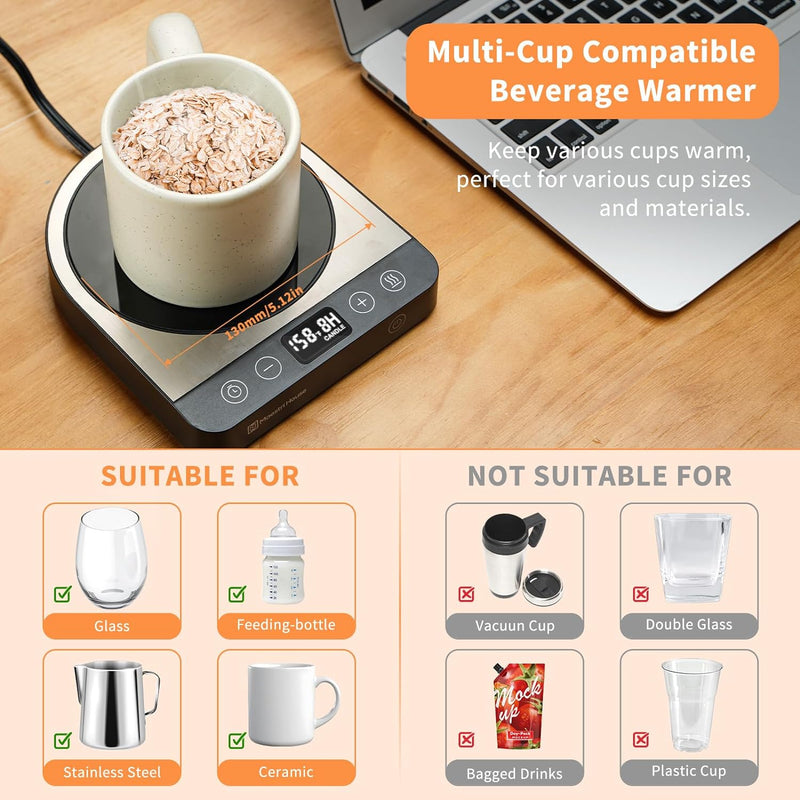 Coffee Mug Warmer for Desk, Maestri House Electric Mug Warmer with 5 Temperature Settings, 6-Level Timer, 4 Modes for Coffee, Candle, Milk and Tea, Portable Beverage Warmer for Home and Office