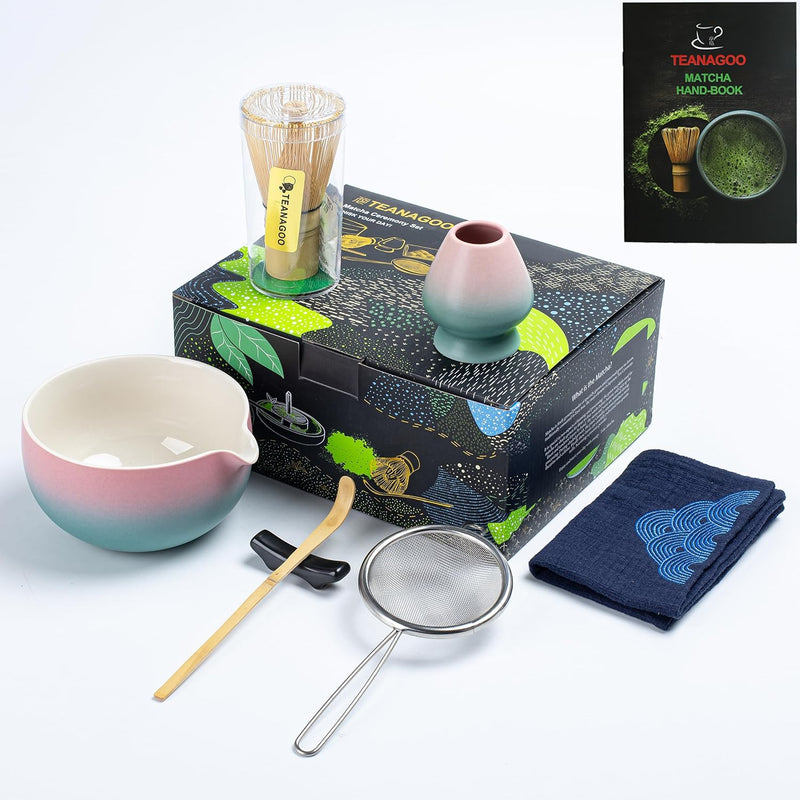 TEANAGOO Japanese Tea Set (7pcs) Matcha Whisk Set Matcha Bowl with Pouring Spout Bamboo Matcha Whisk (Chasen) Scoop (chashaku) Matcha Whisk Holder Tea Making Kit. N18,Orange, Matcha Green Tea Powder