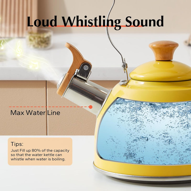 ROCKURWOK Tea Kettle, Tea Pot with Cool Touch Ergonomic Handle, Tea Kettle Food Grade Stainless Steel, Tea Kettle Stovetop, Kettle Teapot, Whistling Tea Kettle, Small Tea Kettle, 1.6 Quart (Yellow)