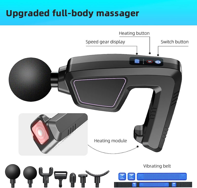 Massage Gun Body Massager Exercise Bands Massage Gun with Heat for Neck and Back Deep Tissue Percussion,professional 2-in-1 Lateral & Percussion Handheld Massager,6 Speeds with 8 Attachments（Black）