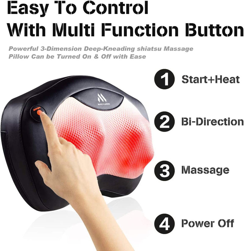 Shiatsu Neck and Back Massager - 8 Heated Rollers Kneading Massage Pillow for Shoulders, Lower Back, Calf, Legs, Foot - Relaxation Gifts for Men, Women - Shoulder and Neck Massager Present for Wife