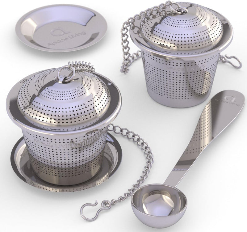 Loose Leaf Tea Infuser (Set of 2) with Tea Scoop and Drip Dray by Apace - Ultra Fine Stainless Steel Strainer & Steeper for a Superior Brewing Experience