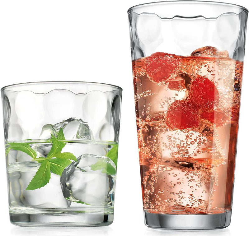 Drinking Glasses Set Of 16 - By Home Essentials & Beyond - 8 Highball Glasses (17 oz.), 8 Rocks Whiskey Glass cups (13 oz.), Inner Circular Lensed Glass Cups for Water, Juice and Cocktails.