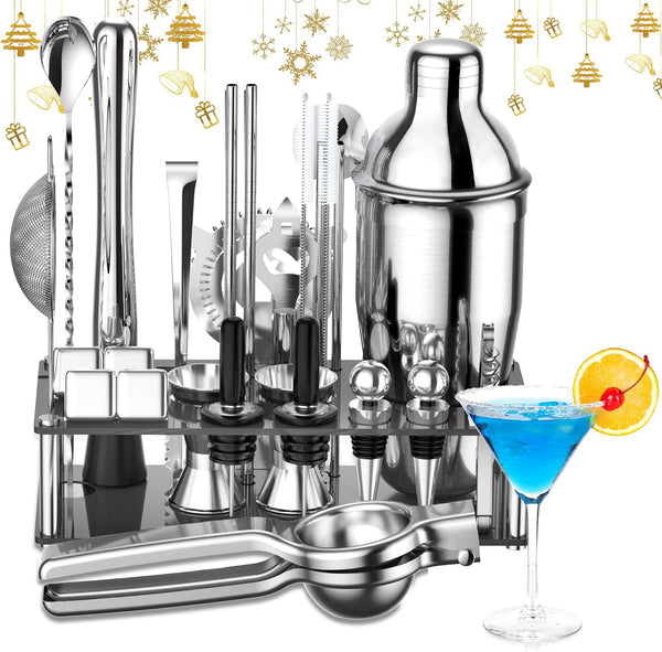 30-Piece Cocktail Shaker Set Stainless Steel Bartender Kit with Acrylic Stand & Cocktail Recipes Booklet, Bar Sets for Home, Professional Bar Tools for Drink Mixing, Party, Include 4 Whiskey Stones