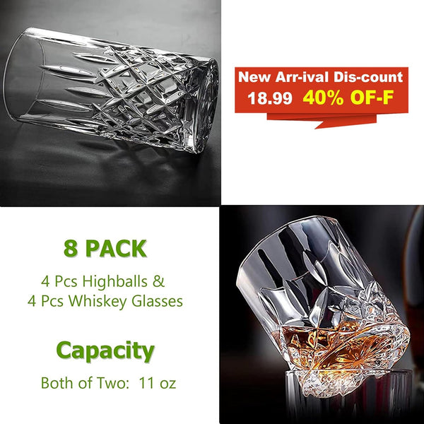 Qipecedm Drinking Glasses, 8 Piece Crystal Glass Cups, Mixed Glassware Set, 4 pcs Crystal Old Fashioned 11oz Highballs and 4 pcs 11oz Whiskey Glasses, Great for Cocktail, Whisky and other Beverages