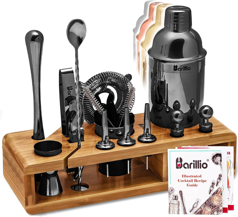 Black Mixology Bartender Kit Cocktail Shaker Set by Barillio: Drink Mixer Set with Bar Tools, Muddler, Mixing Spoon, Jigger, Strainer, Sleek Black Bamboo Stand & Recipes Booklet