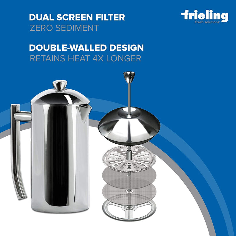 Frieling Double-Walled Stainless-Steel French Press Coffee Maker, Polished, 36 Ounces