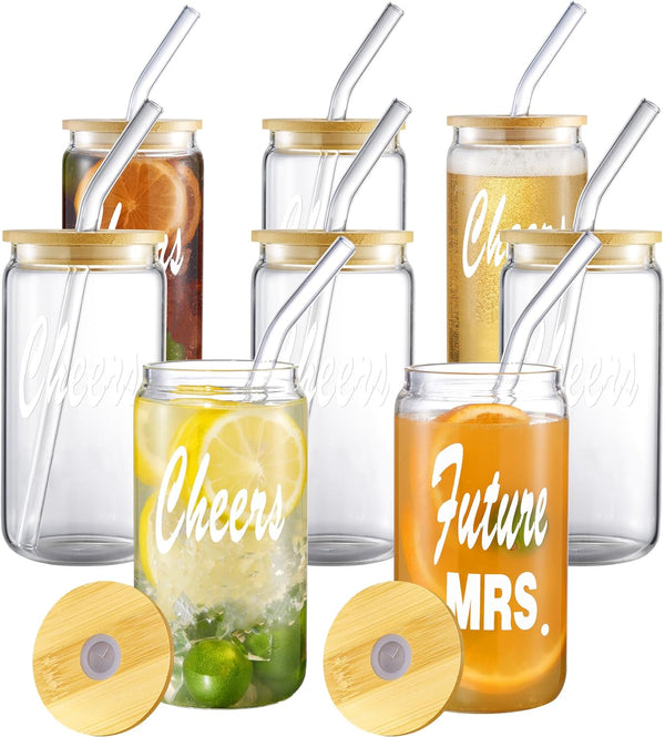 ISMASOAN Can Shaped Drinking Glasses Set of 8,16 oz Future Mrs.Gifts,Bachelorette Party Cups,Bestie Gifts,Bachelorette Gifts for Bride,Glass Cup with Lid and Straw,Beer Glasses