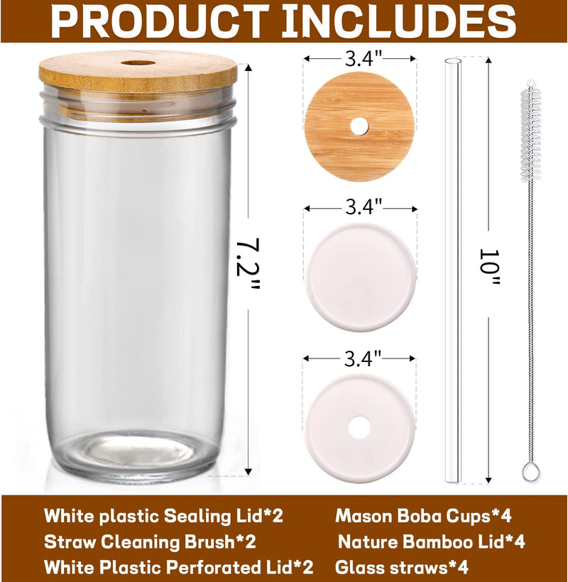 DWTS DANWEITESI Mason Jar with Lid and Straw, 24oz Glass Cups-Wide Mouth Reusable Drinking Glasses,Iced Coffee Cups Glass,Vasos De Vidrio【4 Pack】