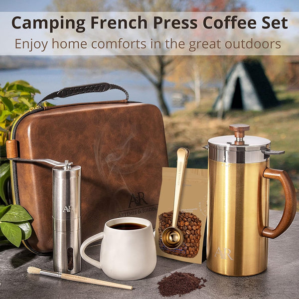 French Press Travel Coffee Press - Travel French Press Coffee Maker Set, French Coffee Grinder Set, Insulated French Press with Grinder, Outdoors Coffee Maker Kit, 34 OZ French Press Gift Set