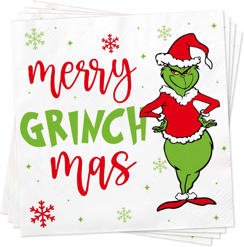 Funny Christmas Cocktail Napkins, 50 Pack Grinch Beverage Paper Napkins, Grinch Christmas Party Supplies, Holiday Home Table Decorations, 3-Ply, 6.5x6.5 inch