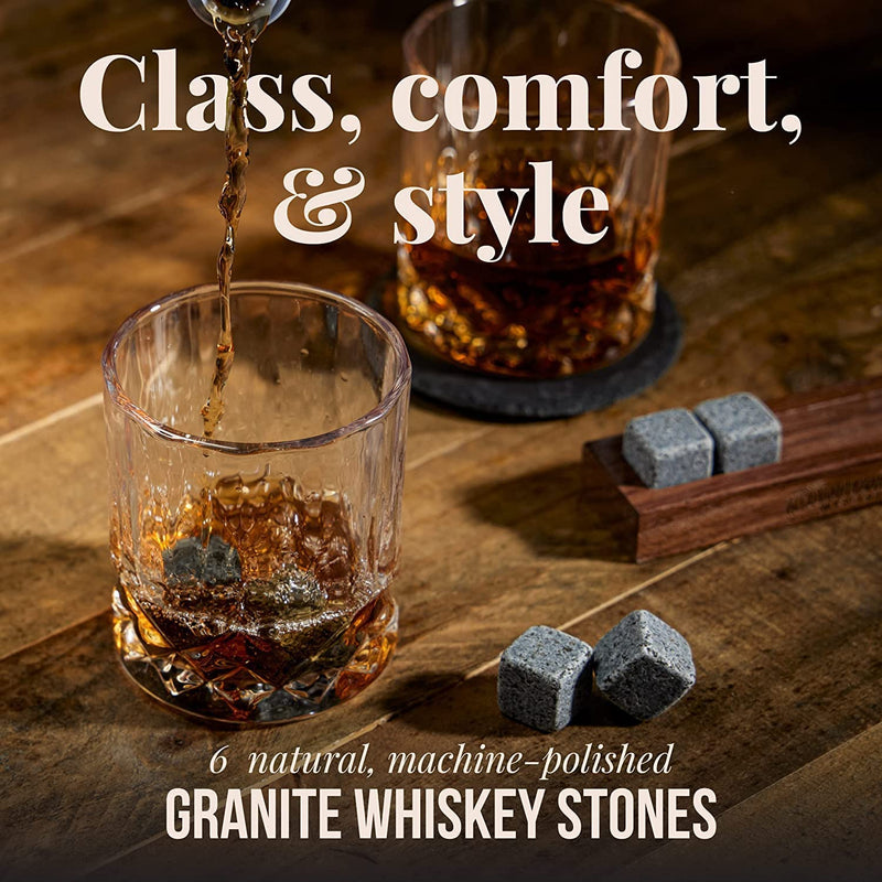 Mixology & Craft Whiskey Stones - Cube-Shaped Granite Chilling Whiskey Rocks Set of 6, Whiskey Gifts for Men and Christmas Stocking Stuffers - Dark Granite