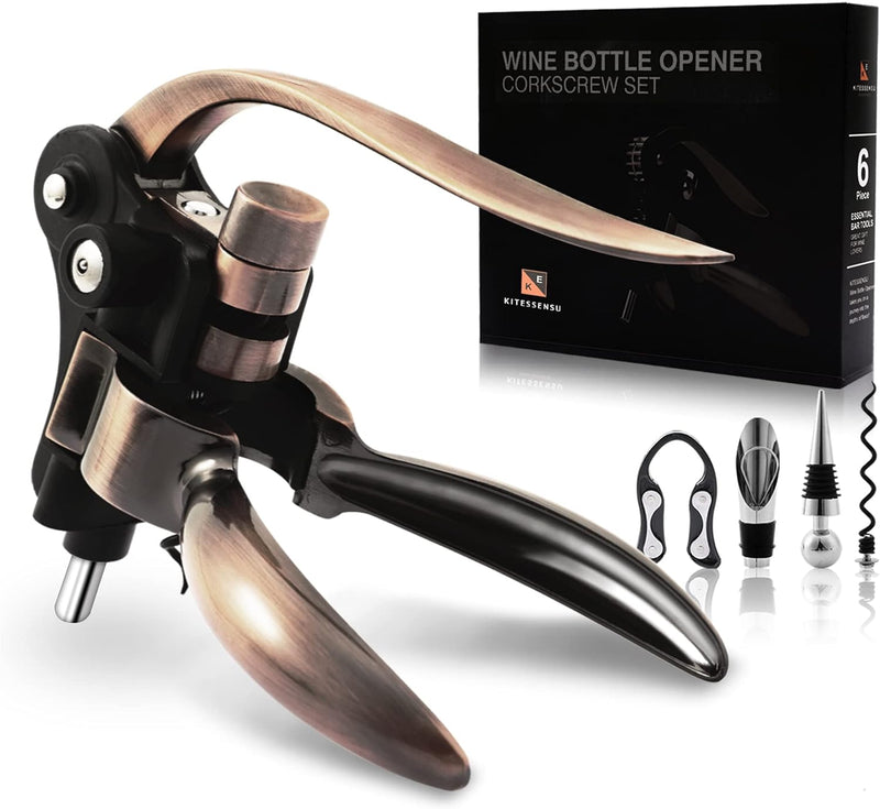 Wine Opener, KITESSENSU Easy Lever Wine Corkscrew with No-Stick Worm, 6-Piece Wine Bottle Opener Set with Foil Cutter, Bottle Stopper, Pourer, Extra Cork Screw and Base, Silver