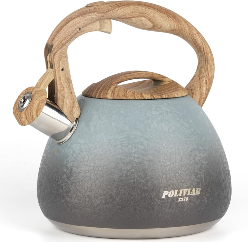 POLIVIAR Tea Kettle, 2.7 Quart Natural Stone Finish with Wood Pattern Handle Loud Whistle Food Grade Stainless Steel Teapot, Anti-Hot Handle and Anti-Rust, Suitable for All Heat Sources (JX2018-GR20)