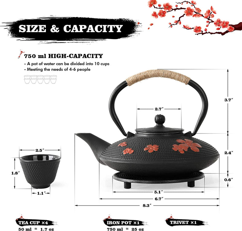 TOVACU Japanese Style Cast Iron Teapot with 4 Tea Cups Trivet Tetsubin StovetopTea Kettle with Infuser Chinese Iron Tea Pot Tea Set for Adults Black (Pear Flower Pattern)