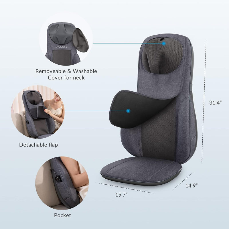 COMFIER Neck&Back Massagers with Heat,Shiatsu Massager Chair with Adjustable Height Pillow,Full Body Massage Cushion for Pain Relief,4 Rolling Nodes&3 Vibration Levels,Gift for Men,Women,Gray