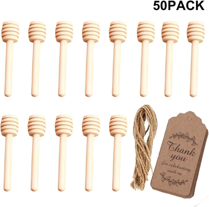 Amajoy 50PCS Small Wood Honey Dipper Sticks with Thank You Escort Card and Twine Server for Honey Jar Dispense Drizzle Honey Wedding Party Favor Baby Shower