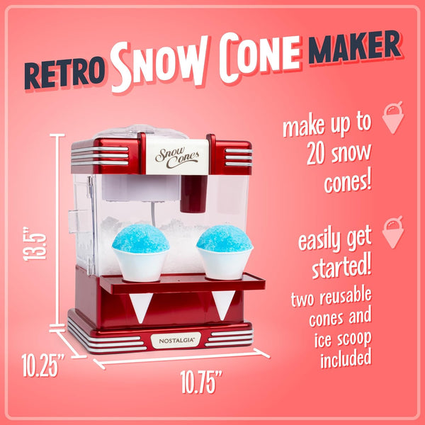 Nostalgia Snow Cone Shaved Ice Machine - Retro Table-Top Slushie Machine Makes 20 Icy Treats - Includes 2 Reusable Plastic Cups & Ice Scoop - Retro Red