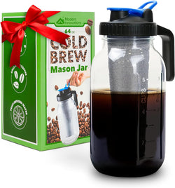 Modern Innovations Cold Brew Mason Jar (64 oz) Ice Coffee Making at Home, 2 Quart Cold Brew Maker for Iced Coffee and Tea, Cold Brew Glass Pitcher with Stainless Steel Filter, Cold Brew Coffee Maker