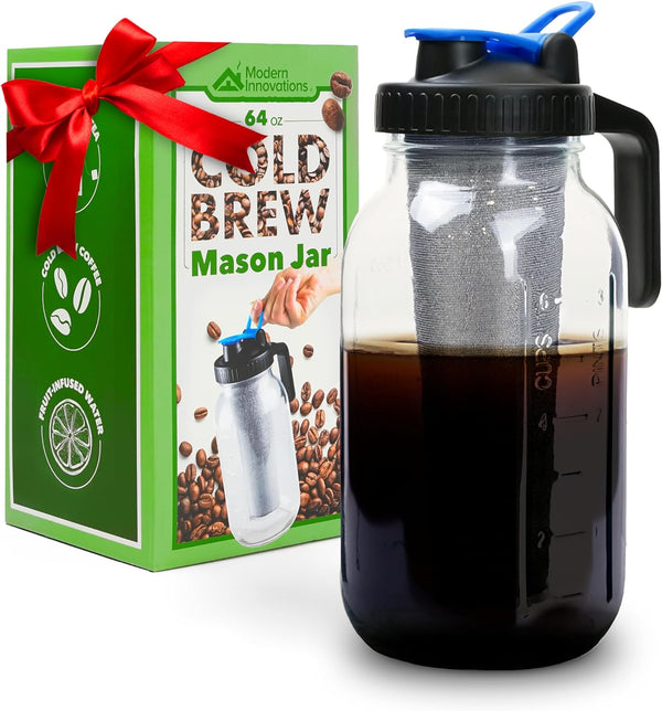 Modern Innovations Cold Brew Mason Jar (64 oz) Ice Coffee Making at Home, 2 Quart Cold Brew Maker for Iced Coffee and Tea, Cold Brew Glass Pitcher with Stainless Steel Filter, Cold Brew Coffee Maker