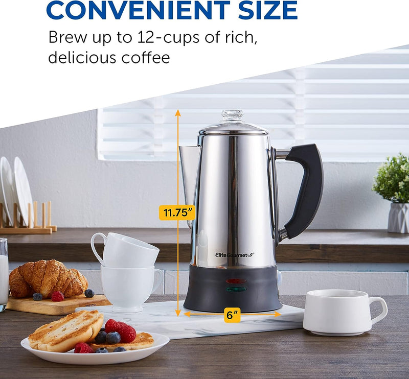 Elite Gourmet EC922 Electric Coffee Percolator, Keep Warm, Glass Clear Brew Progress Knob, Cool-Touch Handle, Cordless Serve, 12-Cup, Stainless Steel