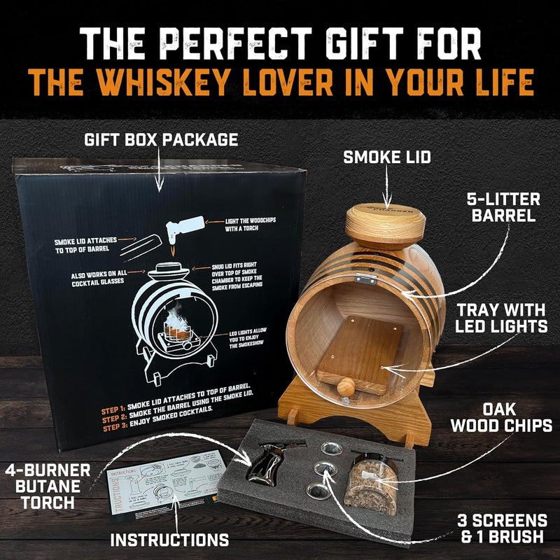 Old Fashioned Cocktail Kit for Whiskey, Bourbon & More - Premium Barrel Set, USA Oak - Cocktail Smoker Kit with Torch - Bourbon Gifts for Men - Gifts from Wife, Daughter, Son (with Butane)