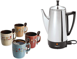 Presto 12-cup 02811 Stainless Steel Coffee Maker Bundle with 4 Ceramic Coffee Mugs and 4 Spoons