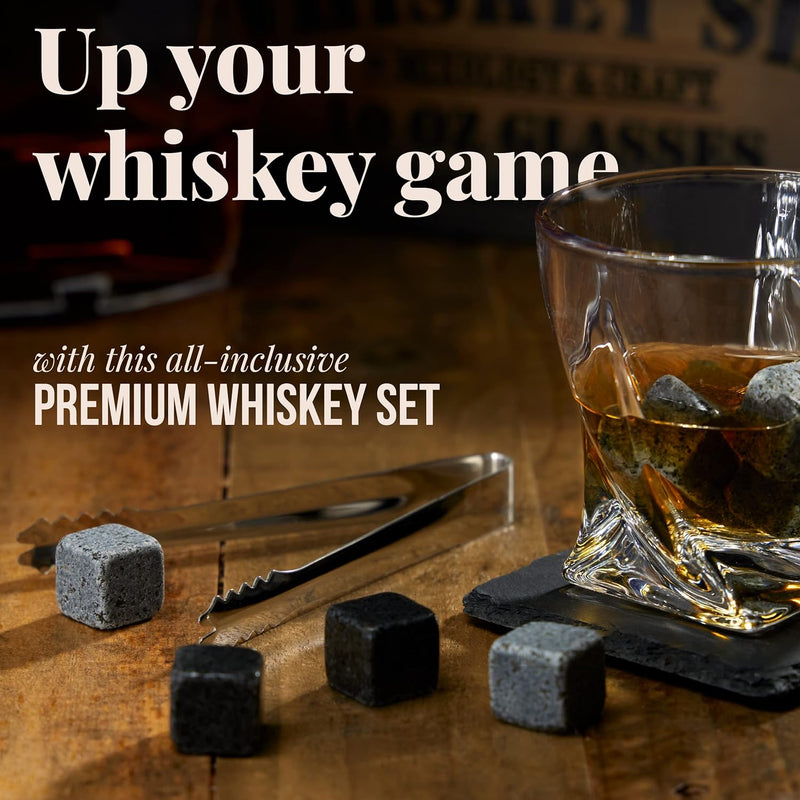 Mixology & Craft Whiskey Stones Gift Set for Men - 2 Glasses, 8 Chilling Rocks & Wooden Box - Whiskey Glass Gift Sets - Jameson Dark Brown