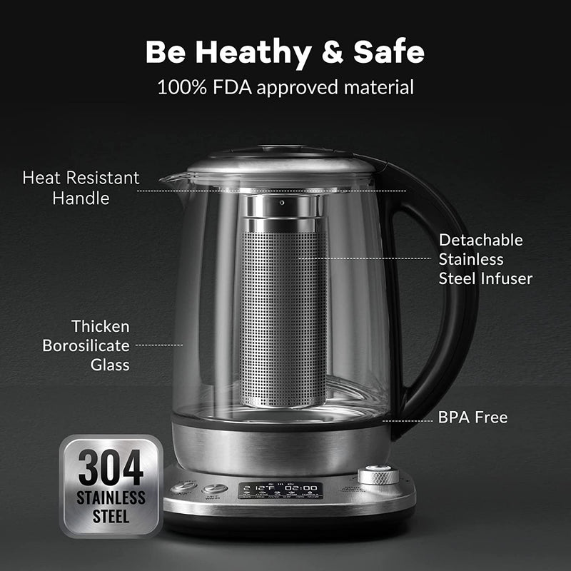 Mecity Tea Kettle Electric Tea Pot with Removable Infuser, 9 Preset Brewing Programs Tea Maker with Temprature Control, 2 Hours keep Warm, 1.7 Liter Electric Kettles, 1200W, Glass and Stainless Steel