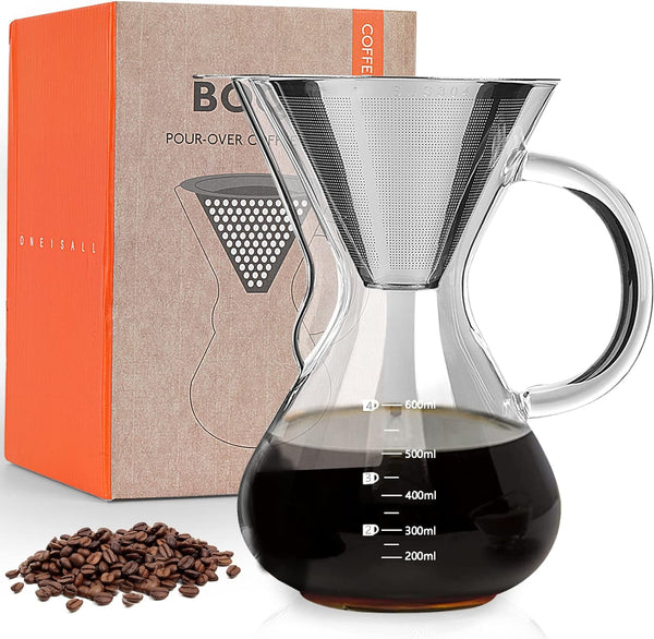 BOQO Pour Over Coffee Maker Set, Borosilicate Glass Carafe Hand Drip Filter Coffee Maker with Handle and Scale(800ml/27oz).