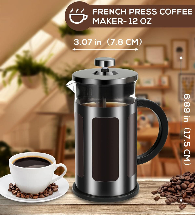 FAVIA French Press Coffee Maker 12 Ounce Stainless Steel with Borosilicate Glass Heat Resistant 4 Level Filtration System for Brew Coffee & Tea Dishwasher Safe 350ml (12oz, Stainless Black)