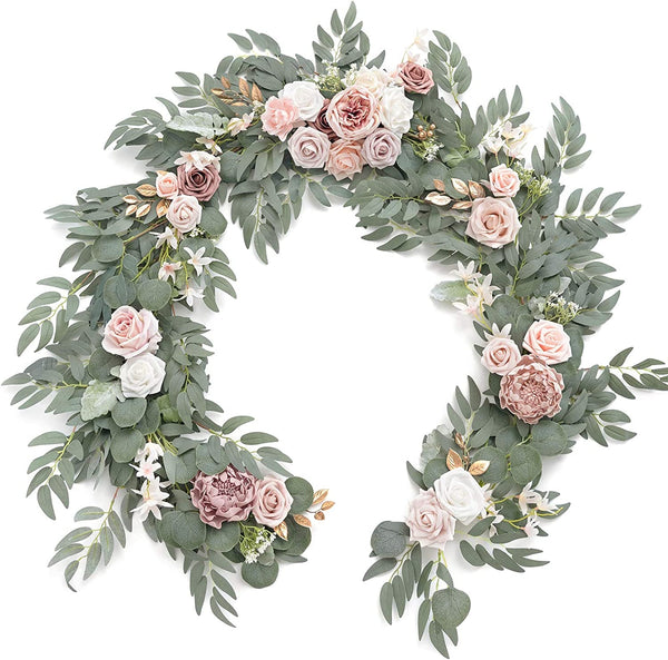 6ft Artificial Eucalyptus Garland with Flowers - Wedding Table Centerpiece  Dusty Rose