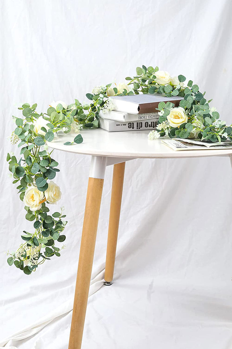 Eucalyptus and Rose Champagne Garland - 2 Pack Artificial Silk Floral Vines for Wedding and Home Decor