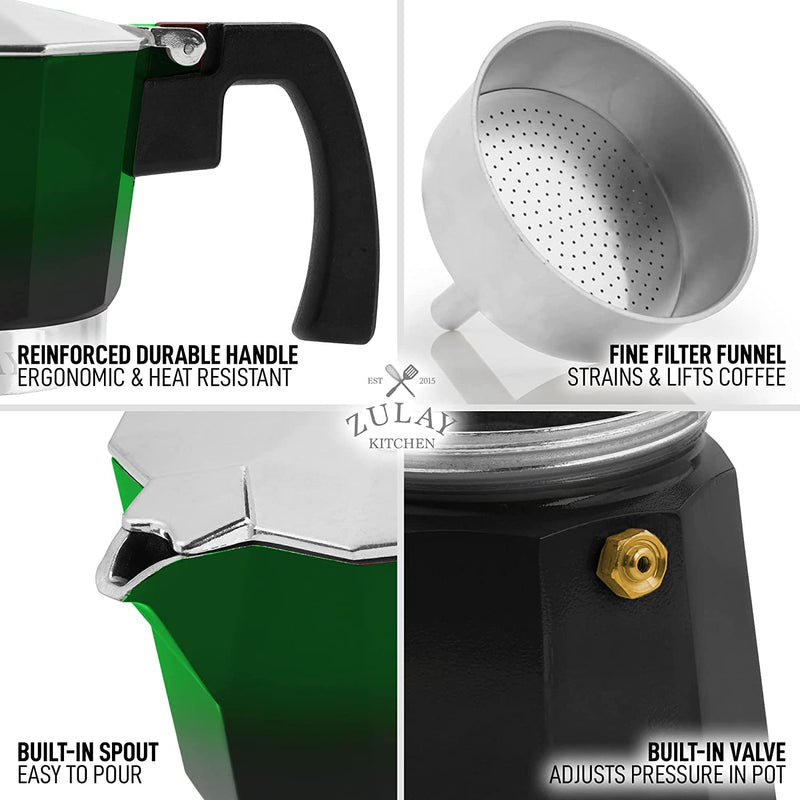 Zulay Classic Stovetop Espresso Maker for Great Flavored Strong Espresso, Classic Italian Style 3 Espresso Cup Moka Pot, Makes Delicious Coffee, Easy to Operate & Quick Cleanup Pot (Green/Black)