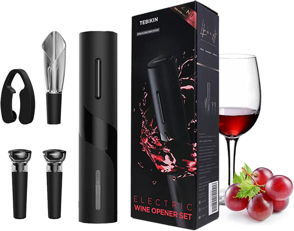 Electric Wine Opener Set TEBIKIN Automatic Wine Bottle Openers Cordless Battery Powered Corkscrew with Vacuum Wine Stoppers Wine Aerator Pourer Foil Cutter for Home Gift Party Valentine's Day